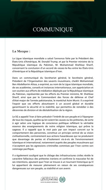 La Ligue islamique mondiale salue l’accord de cessez-le-feu entre les États-Unis et l’Iran.