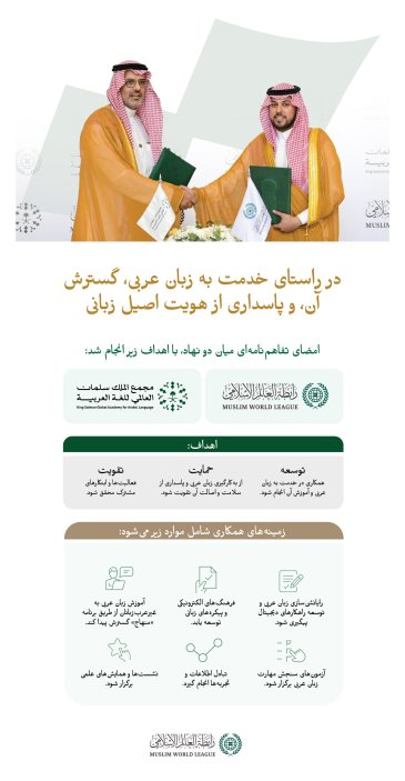 در راستای تقویت همکاری‌های نهادی، و در جهت تحقق اهداف مشترک در خدمت به زبان عربی؛  تفاهم‌نامه‌ای میان سازمان همبستگی جهان اسلام و مجمع جهانی زبان عربی ملک سلمان به امضا رسید؛ تفاهم‌نامه‌ای که برجسته‌ترین محورهای آن از این قرار مي باشد: