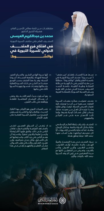 ‏من كلمة معالي الأمين العام، المشرف العام على متاحف السيرة النبوية، فضيلة الشيخ د. ⁧‫محمد العيسى‬⁩‬⁩ في افتتاح المتحف الدولي للسيرة النبوية في العاصمة الموريتانية "نواكشوط".