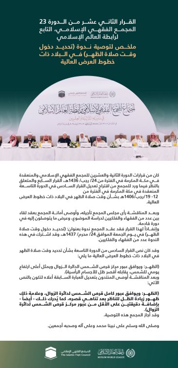‏"تحديد دخول وقت صلاة الظُّهر في البلاد ذات خطوط العَرض العالية":  ‏القرار الثاني عشر من الدورة الـ٢٣ للمجمع الفقهي الإسلامي التابع لرابطة العالم الإسلامي: