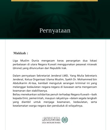 Liga Muslim Dunia Kecam Penargetan Dua Lokasi Perbatasan di Utara Kuwait