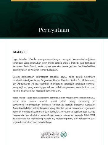 Liga Muslim Dunia Mengecam Berlanjutnya Serangan Milisi Teroris Afiliasi Iran di Irak terhadap Kerajaan Arab Saudi