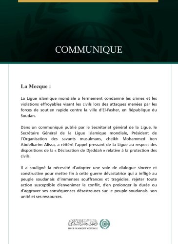 La Ligue islamique mondiale condamne les violations effroyables commises contre les civils à El-Fasher