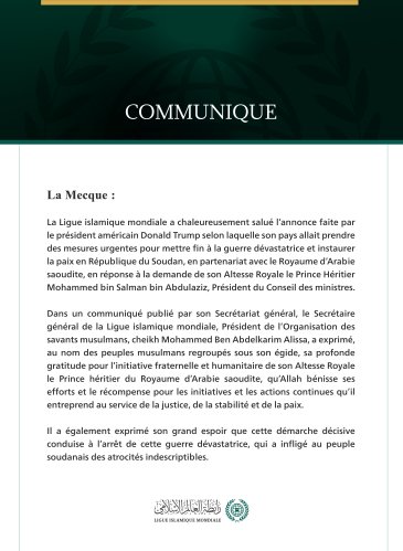 La Ligue islamique mondiale salue les efforts du Royaume d’Arabie saoudite et des États-Unis d’Amérique pour mettre fin à la guerre au Soudan.