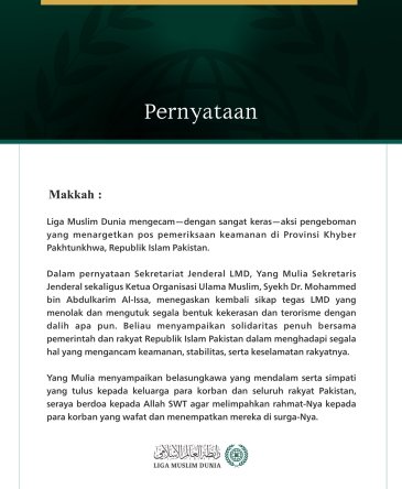 Liga Muslim Dunia Mengecam Aksi Pengeboman yang Menargetkan Pos Keamanan di Provinsi Khyber Pakhtunkhwa, Pakistan