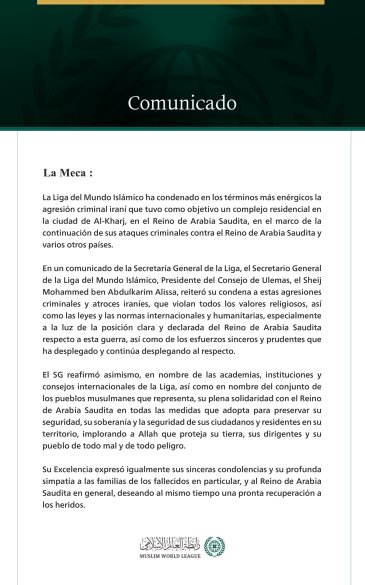 La Liga del Mundo Islámico condena la agresión criminal iraní contra la ciudad de Al-Kharj en Arabia Saudita.