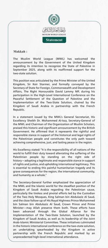 The Muslim World League Welcomes the United Kingdom’s Intention to Recognize the State of Palestine and Support the Two‑State Solution