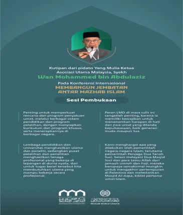 "Menanamkan harapan di hati dan jiwa umat." Kutipan dari pidato Yang Mulia Ketua Asosiasi Ulama Malaysia, Syekh Wan Mohammed bin Abdulaziz, pada konferensi internasional: “Membangun Jembatan Antar Mazhab Islam.”