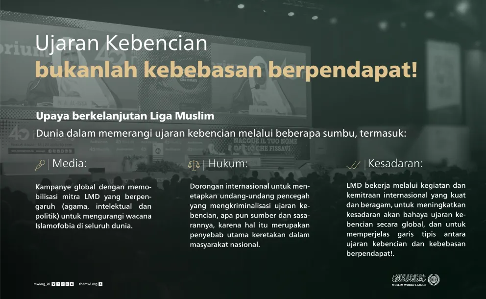 Ujaran kebencian bukanlah kebebasan berpendapat! Di poros hukum, media, dan kesadaran publik, rencana aksi Liga Muslim Dunia terus memerangi ujaran kebencian di seluruh dunia, khususnya “Islamofobia”.
