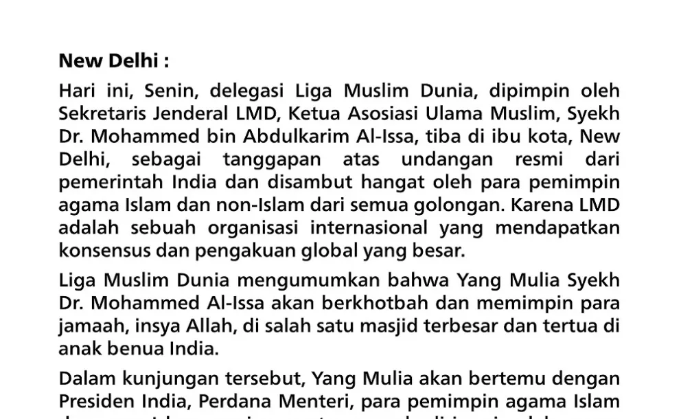 Menanggapi undangan resmi: Sekretaris Jenderal memimpin delegasi Liga Muslim Dunia dalam kunjungannya ke India