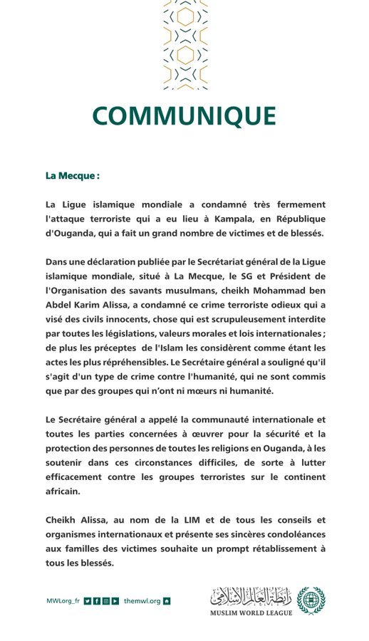 Communiqué de la Ligue Islamique Mondiale :