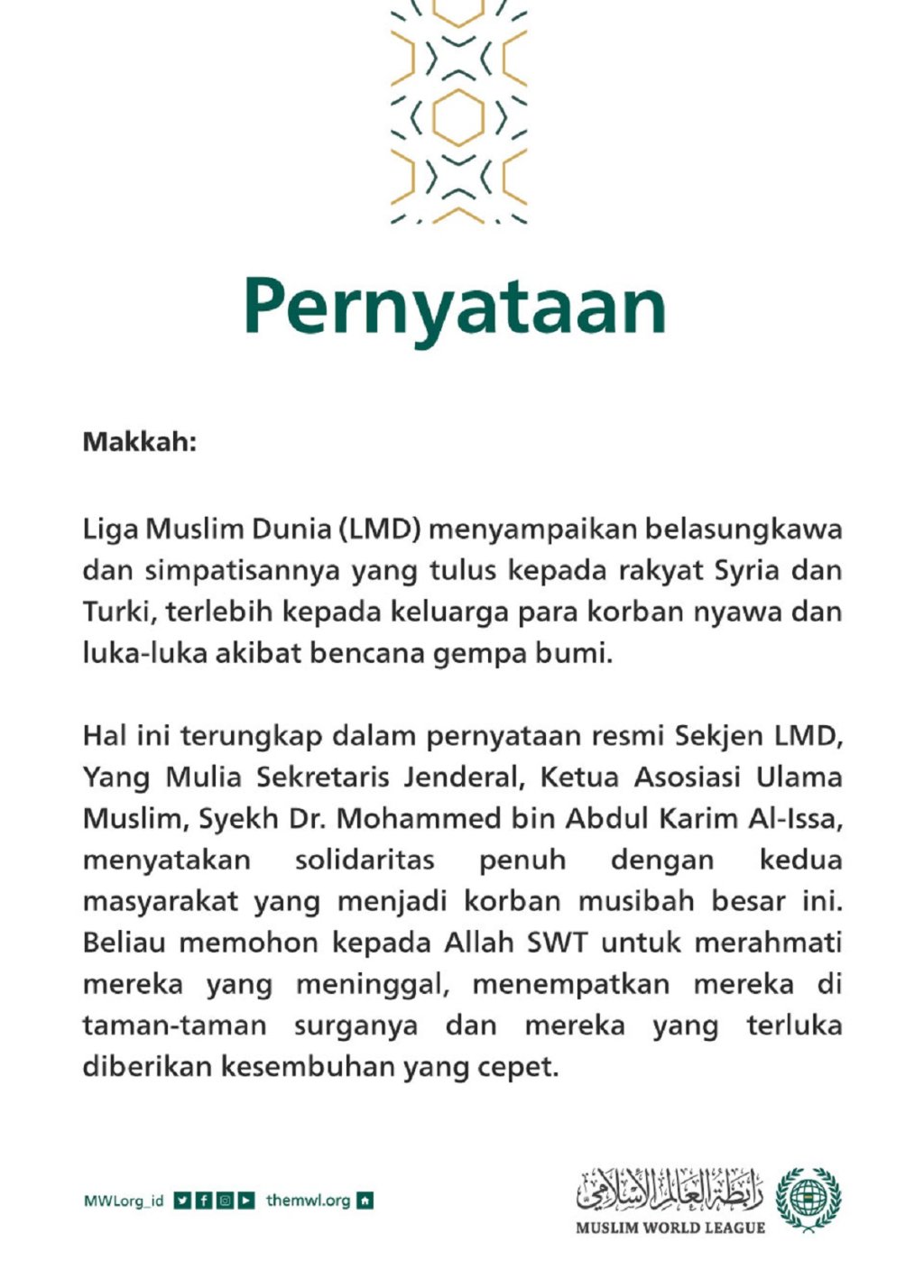 Pernyataan dari Liga Muslim Dunia: