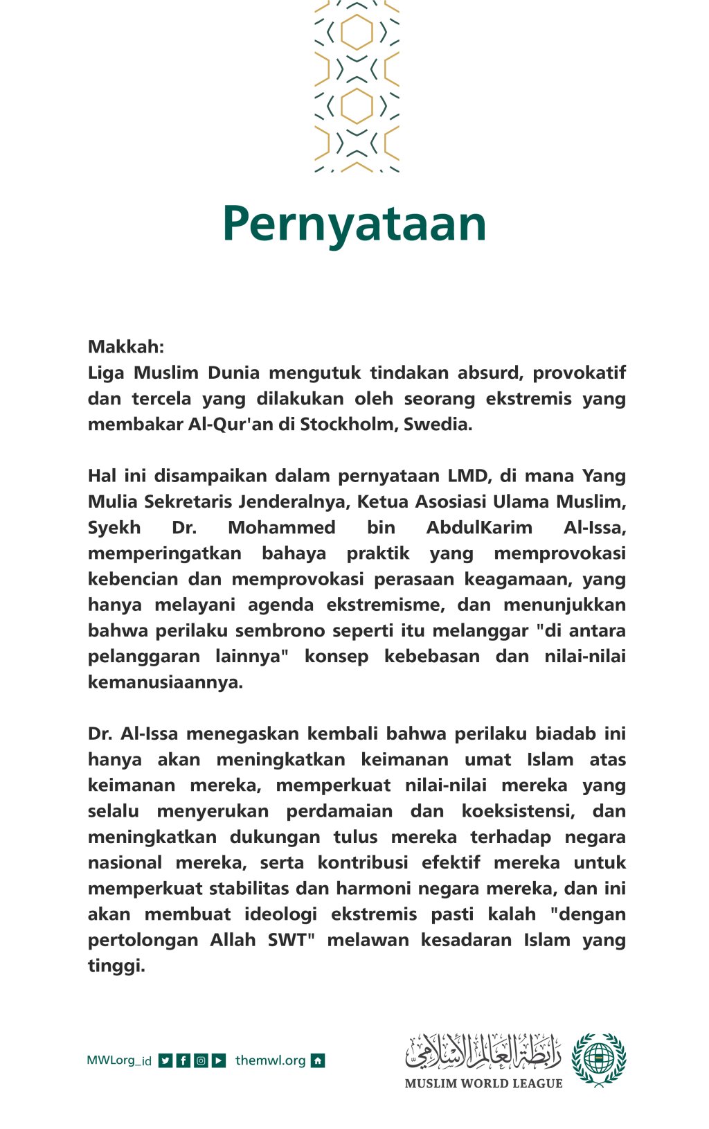 Pernyataan dari Liga Muslim Dunia