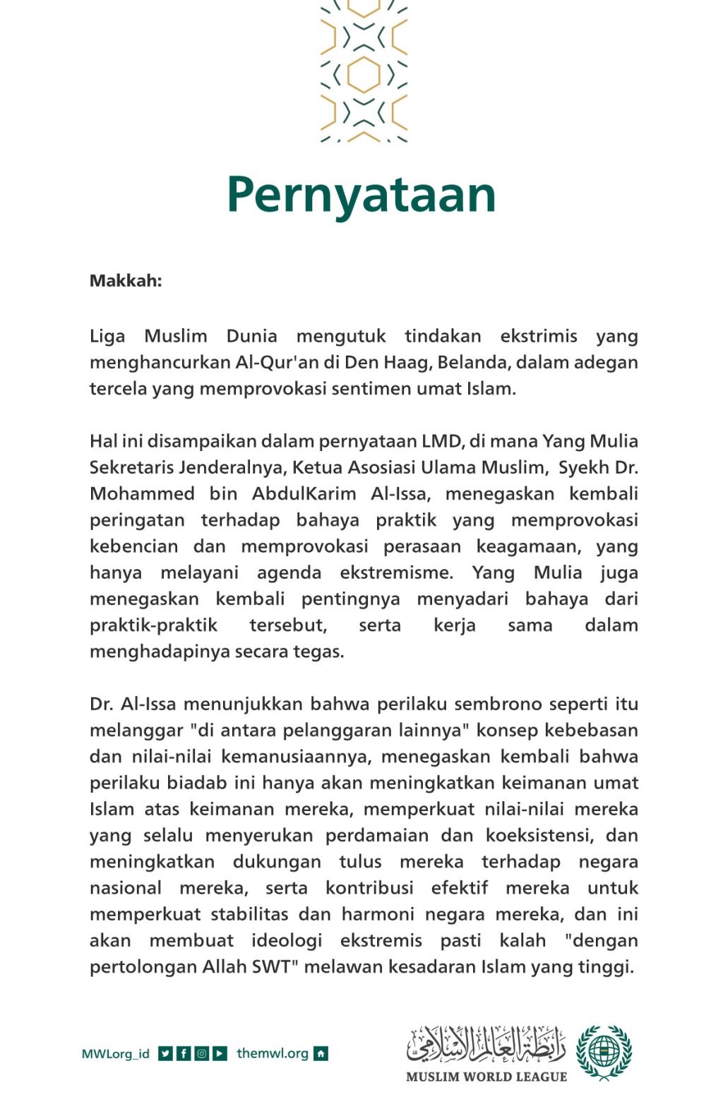 Pernyataan dari LigaMuslimDunia: