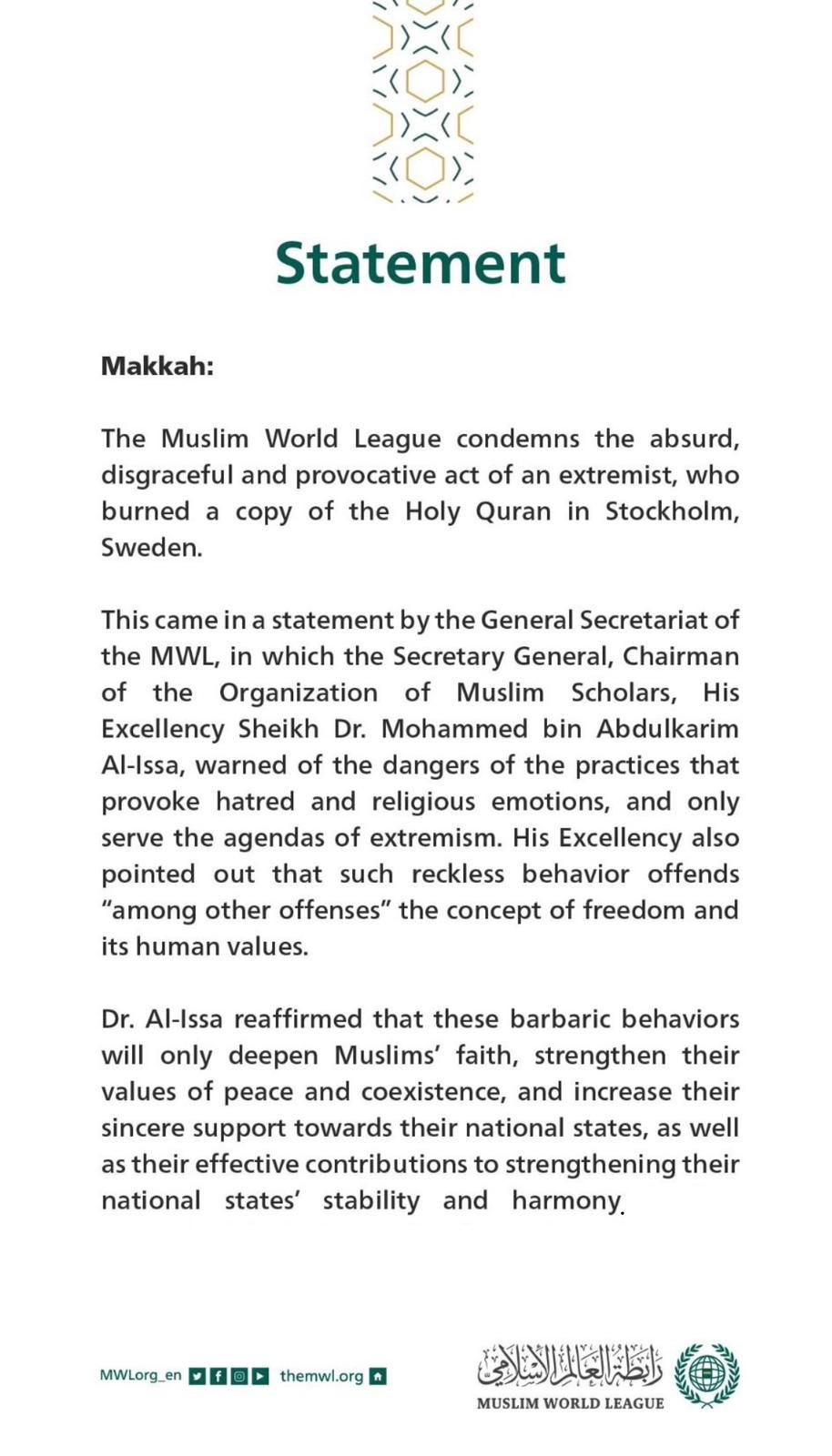 Statement from the Muslim World League