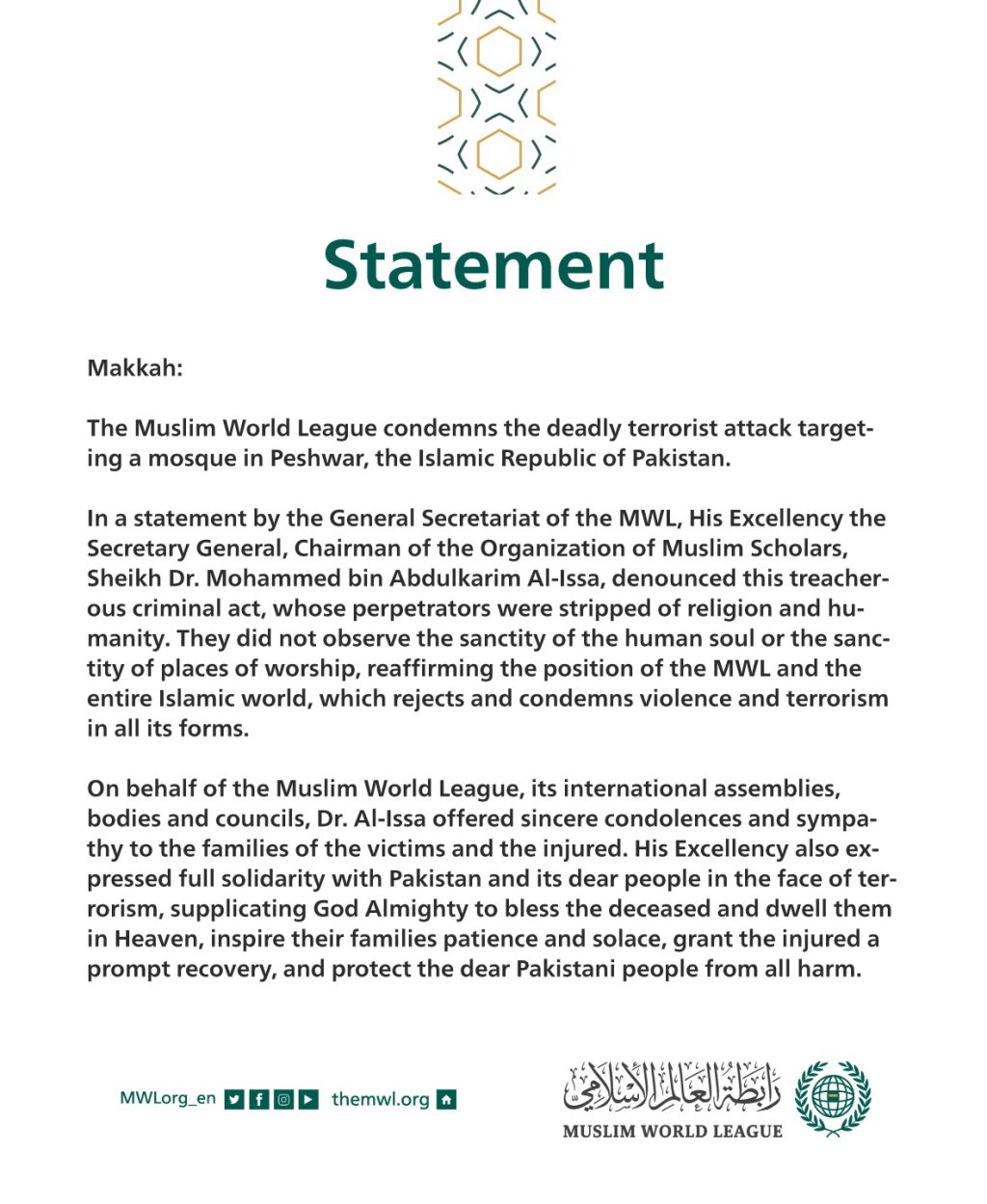 Statement from the Muslim World League