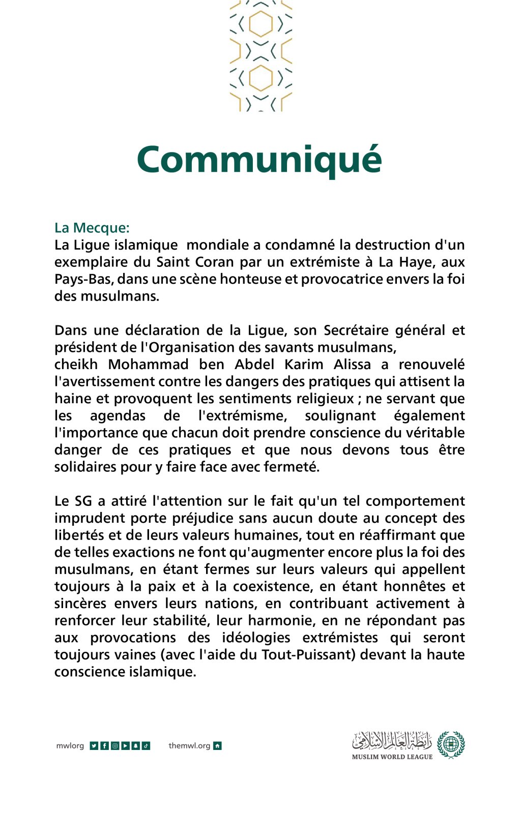 Communiqué de la LigueIslamiqueMondiale :