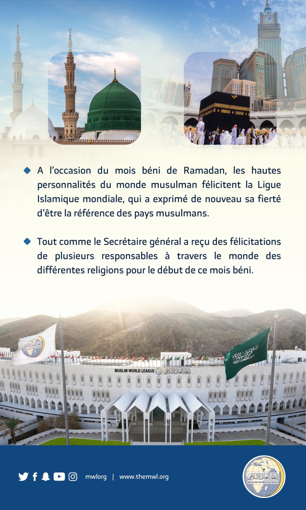 Des messages de félicitations adressés à la Ligue Islamique Mondiale :