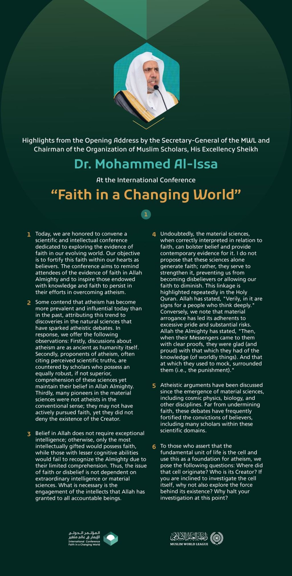 Highlights from the opening address by His Excellency Sheikh Dr. Mohammed Alissa, Secretary-General of the MWL, at the international conference: "Faith in a Changing World":