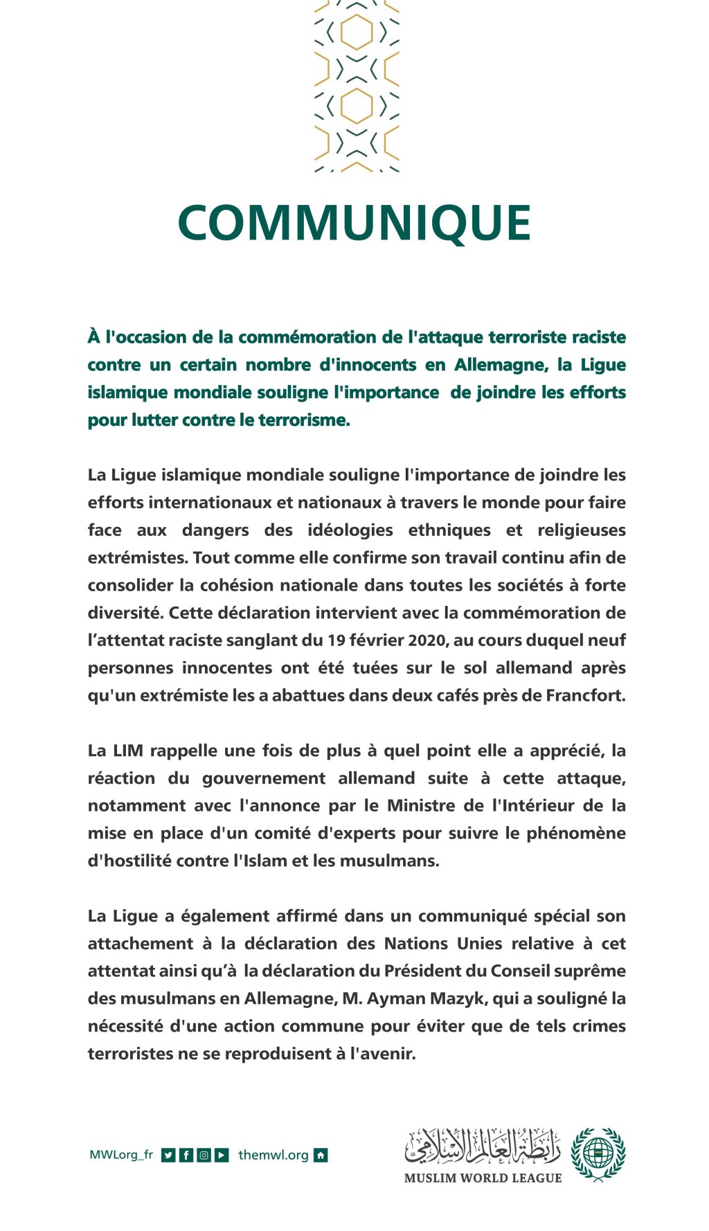 Communiqué de la Ligue Islamique Mondiale