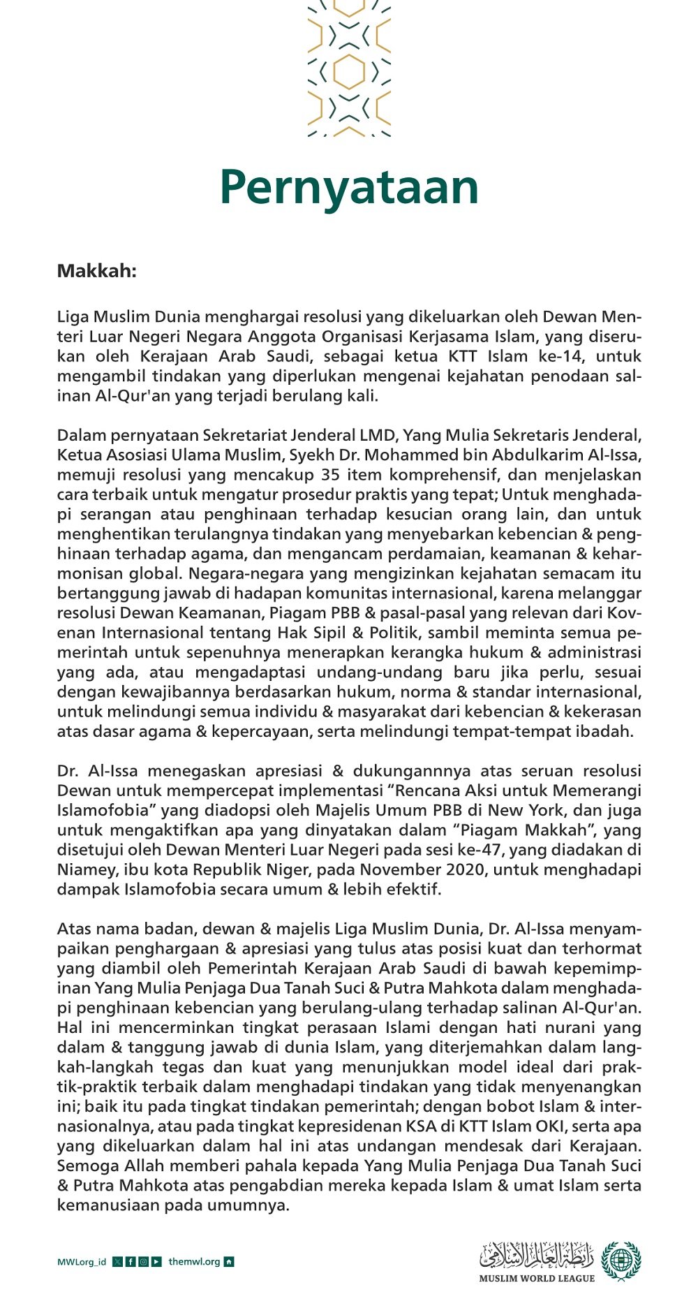 Pernyataan dari Liga Muslim Dunia :