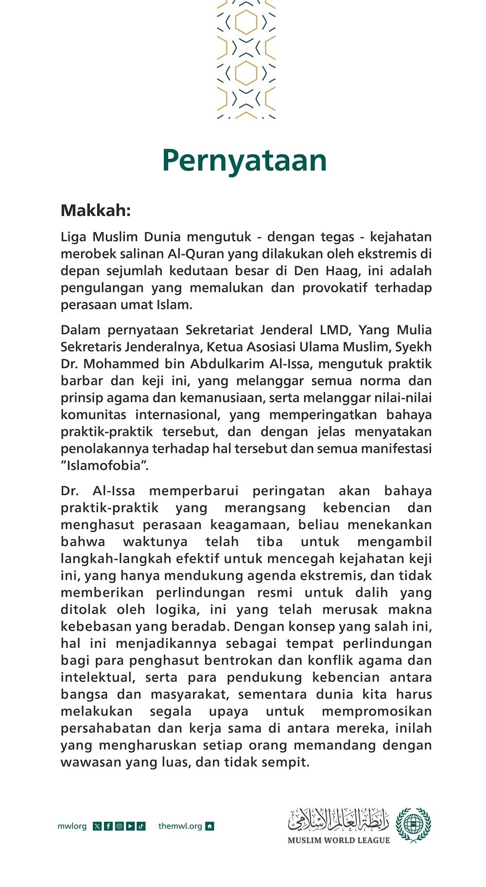 Pernyataan dari Liga Muslim Dunia: