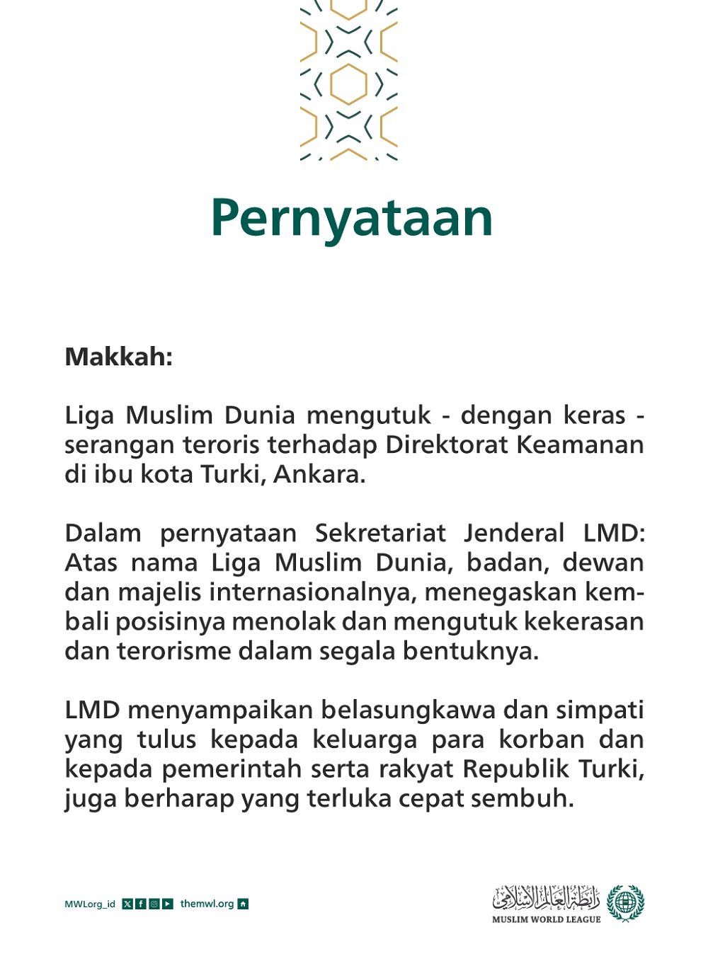 Pernyataan dari Liga Muslim Dunia: