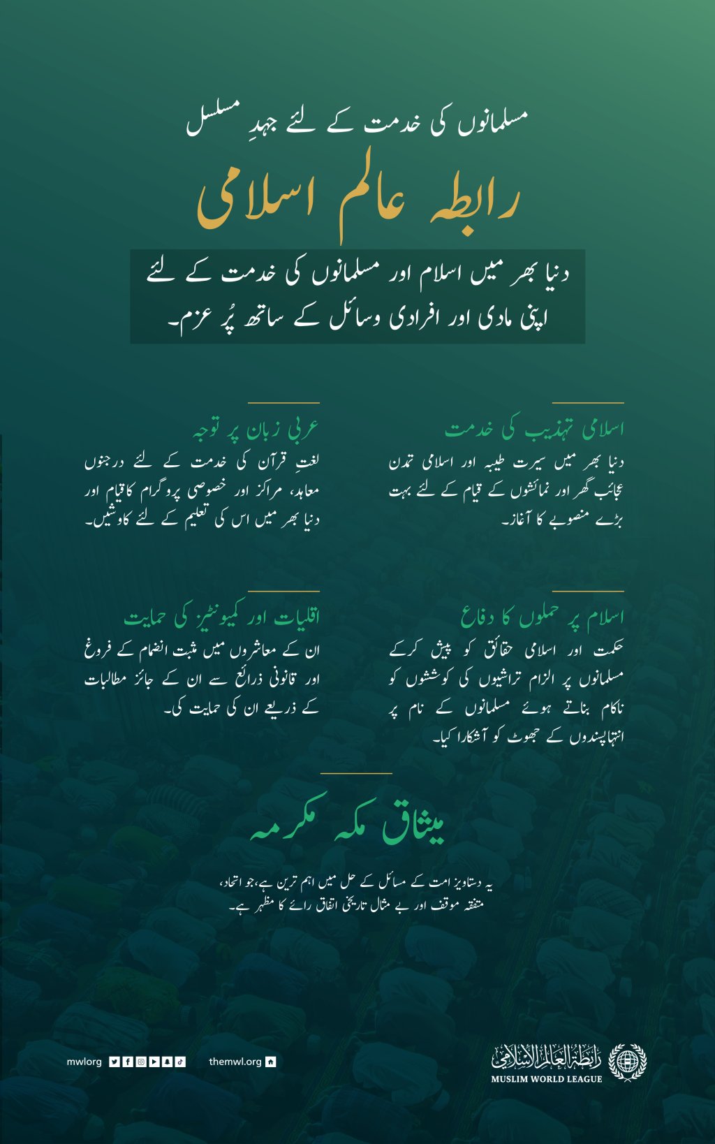 رابطہ عالم اسلامی نے اسلام اور مسلمانوں کی خدمت کے لئے اپنی تمام تر صلاحیتوں کو بروئے کار لایا، جس میں  میثاق مکہ مکرمہ سب سے نمایاں ہے، جسے اسلامی تاریخ میں  بے مثال اتفاق رائے  حاصل ہوئی۔