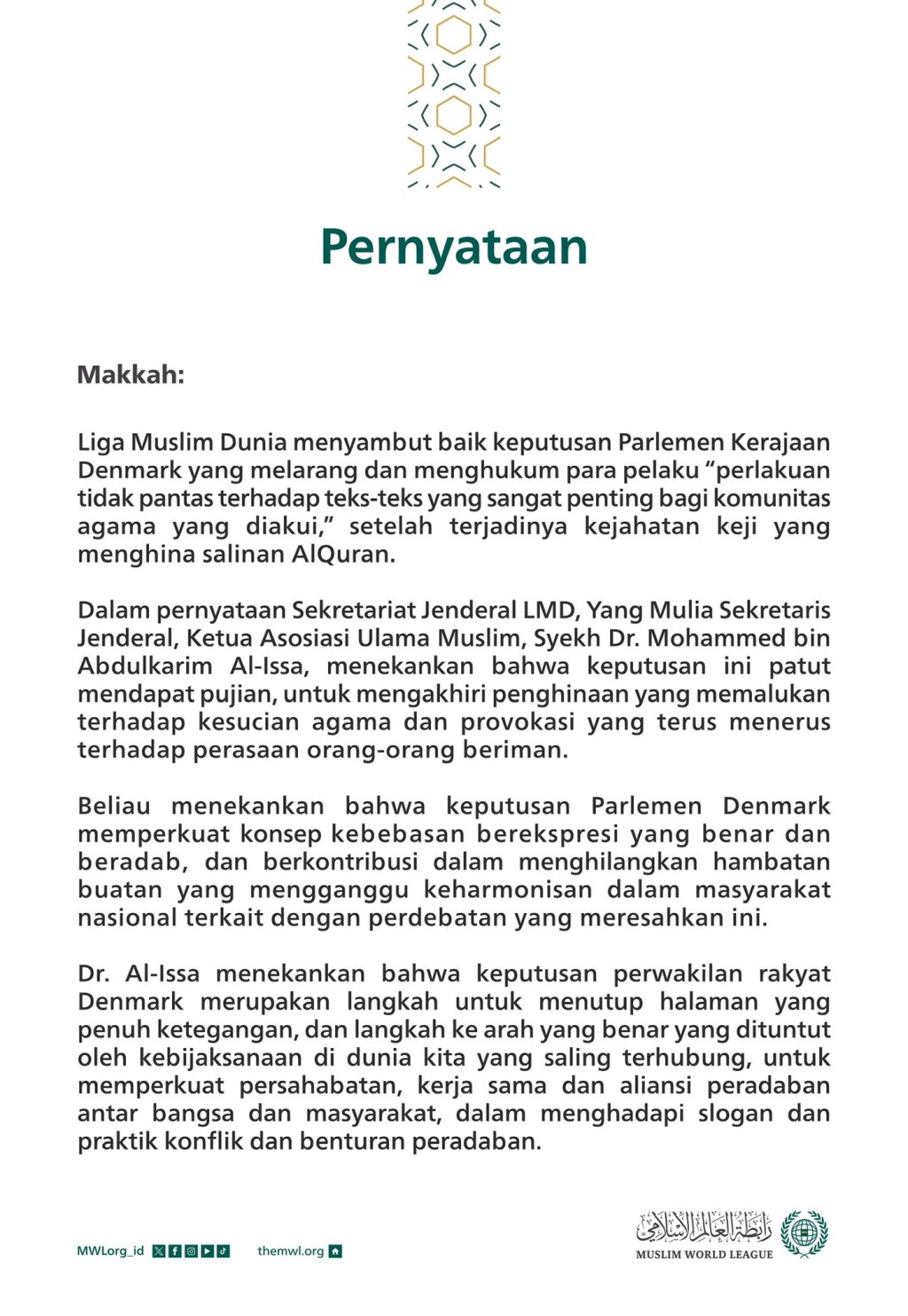 Pernyataan dari Liga Muslim Dunia: