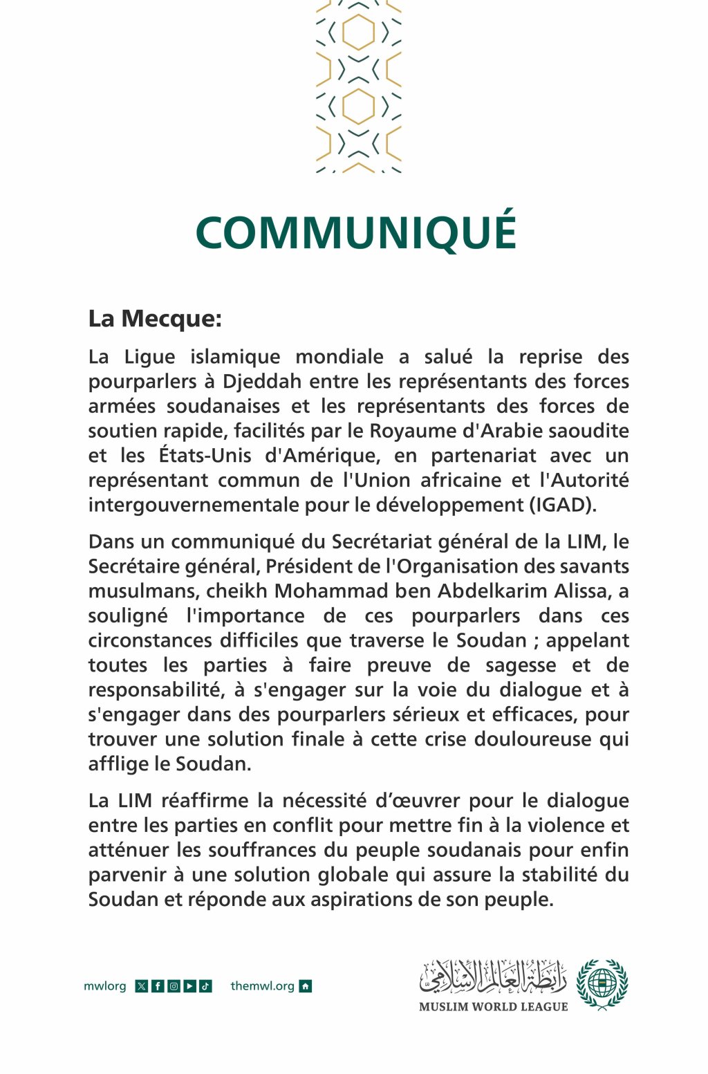 Communiqué de la Ligue islamique mondiale :