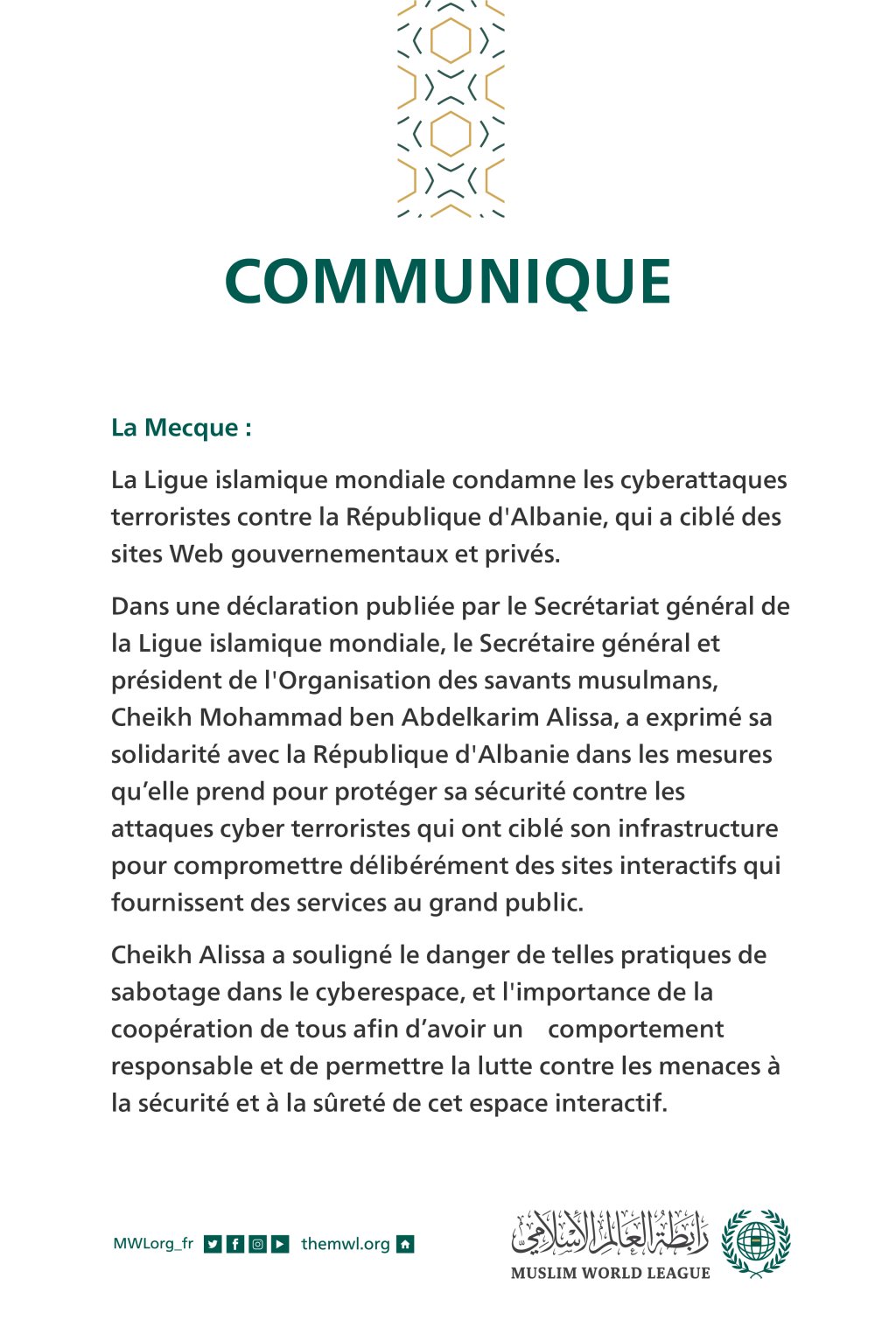 Communiqué de la Ligue Islamique Mondiale: