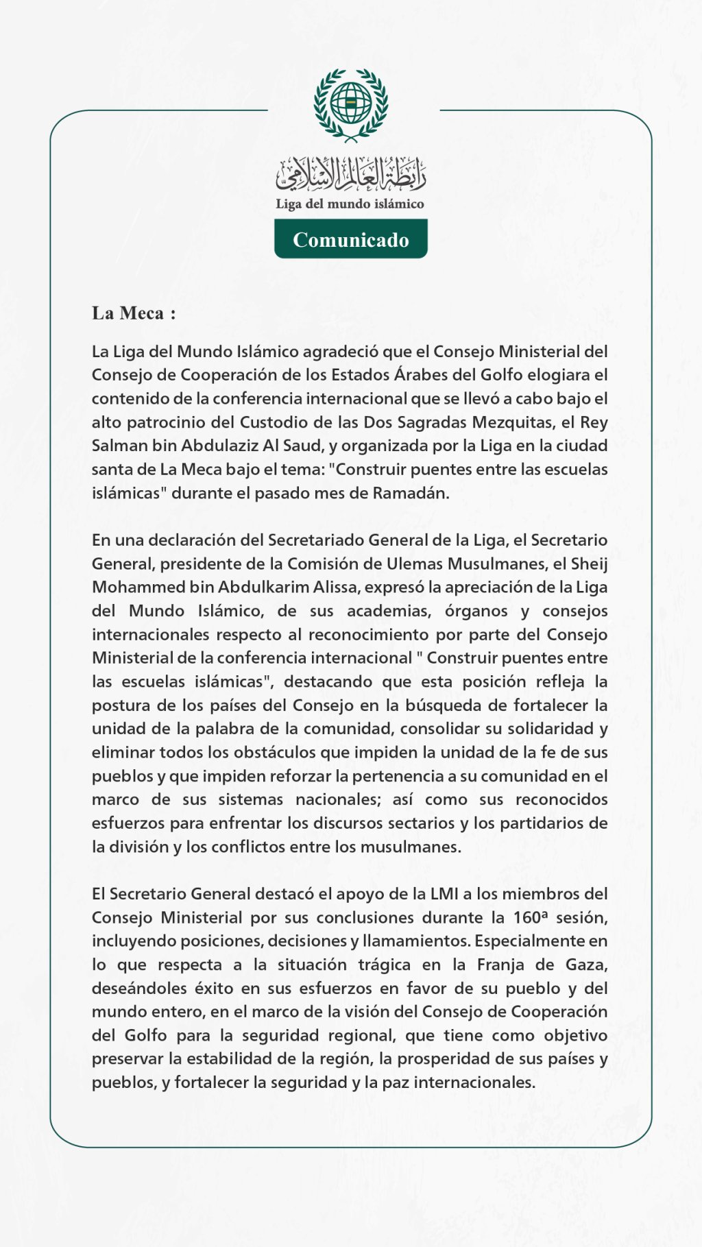 Comunicado de la LigadelMundoIslamico: