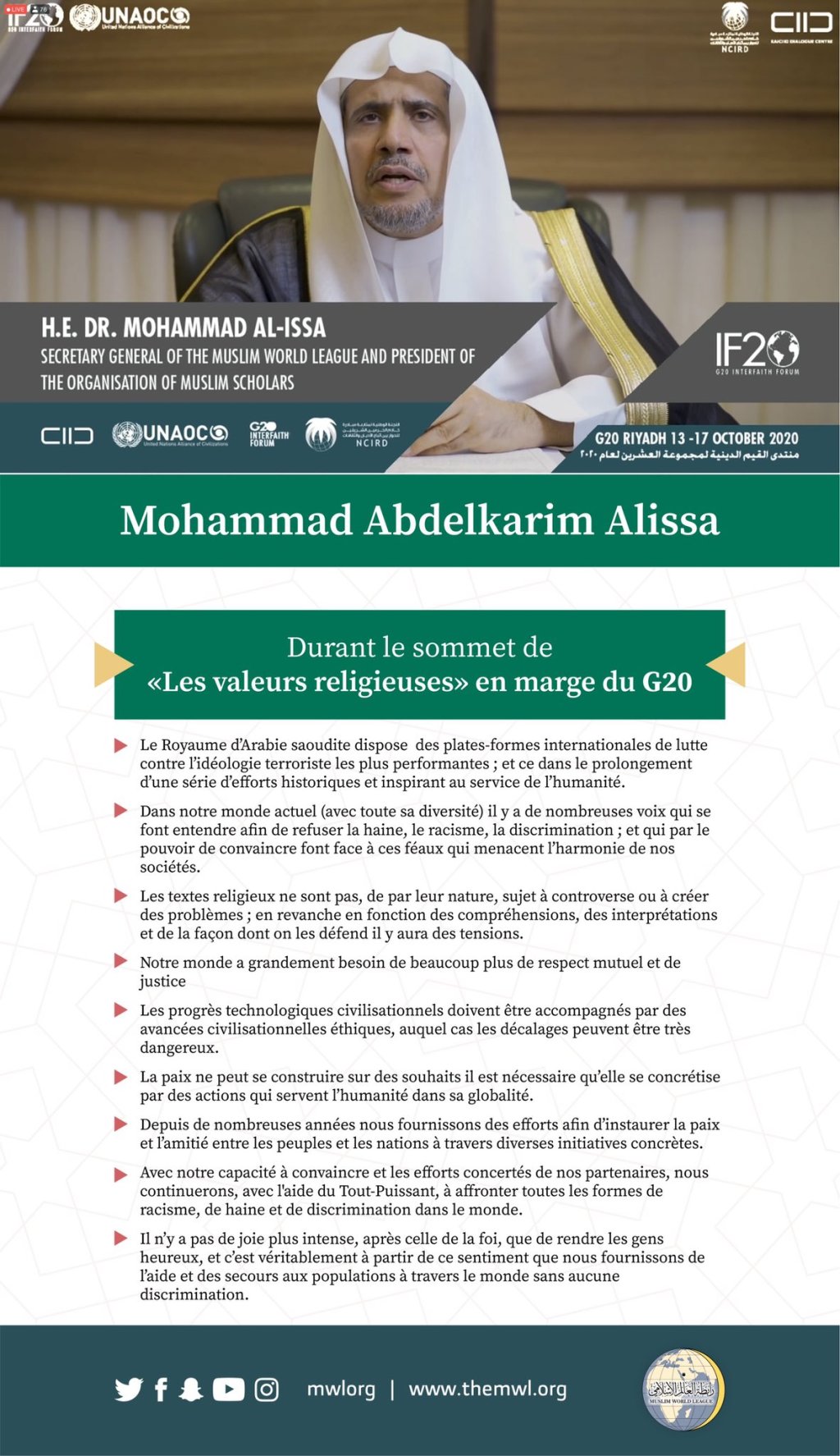 Les principaux points évoqués par Mohammad Alissa durant les allocutions des responsables religieux au cours de la cérémonie d’ouverture du Sommet Valeurs Religieuses du G20 :