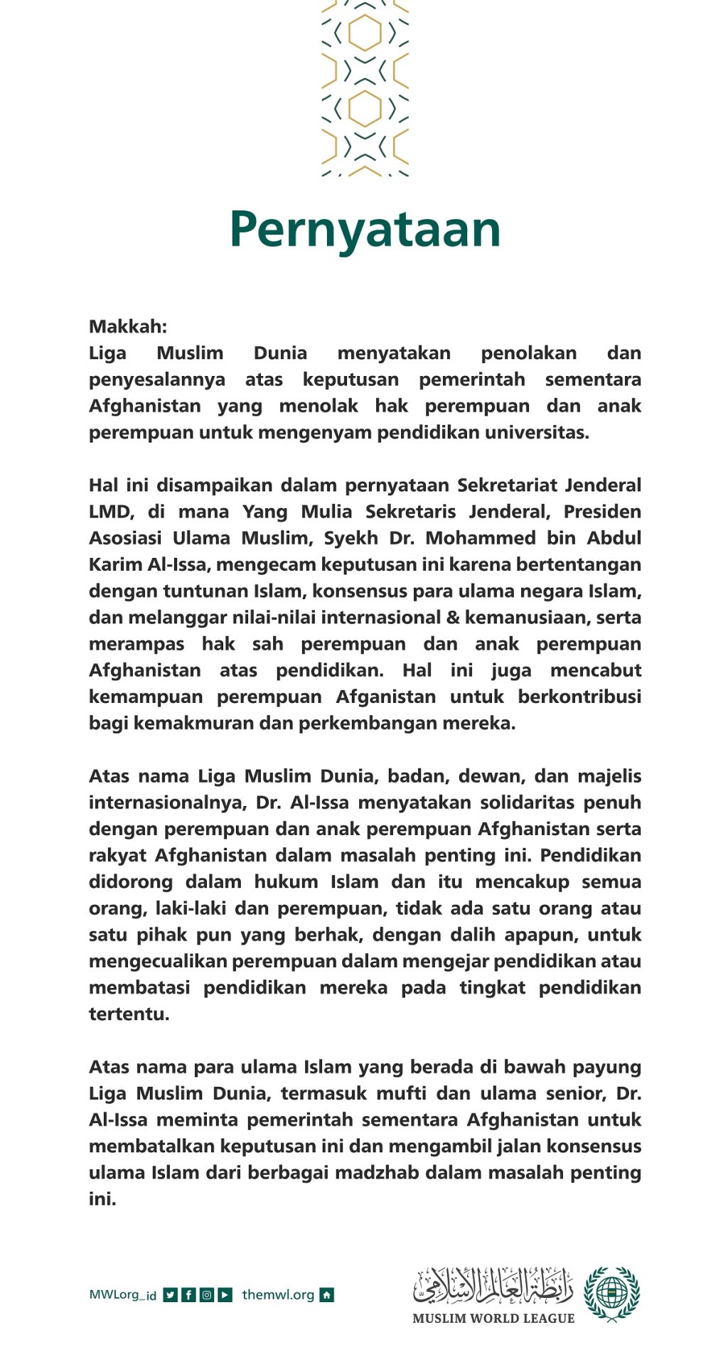 Pernyataan dari Liga Muslim Dunia