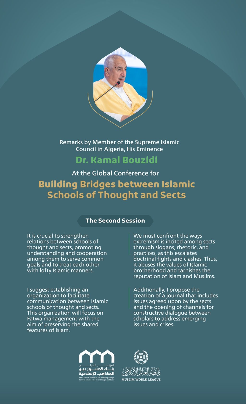 “Practices escalate clashes.” Remarks by His Eminence Dr. Kamal Bouzidi, Member of the Supreme Islamic Council in Algeria at the Global Conference for Building Bridges between Islamic Schools of Thought and Sects.