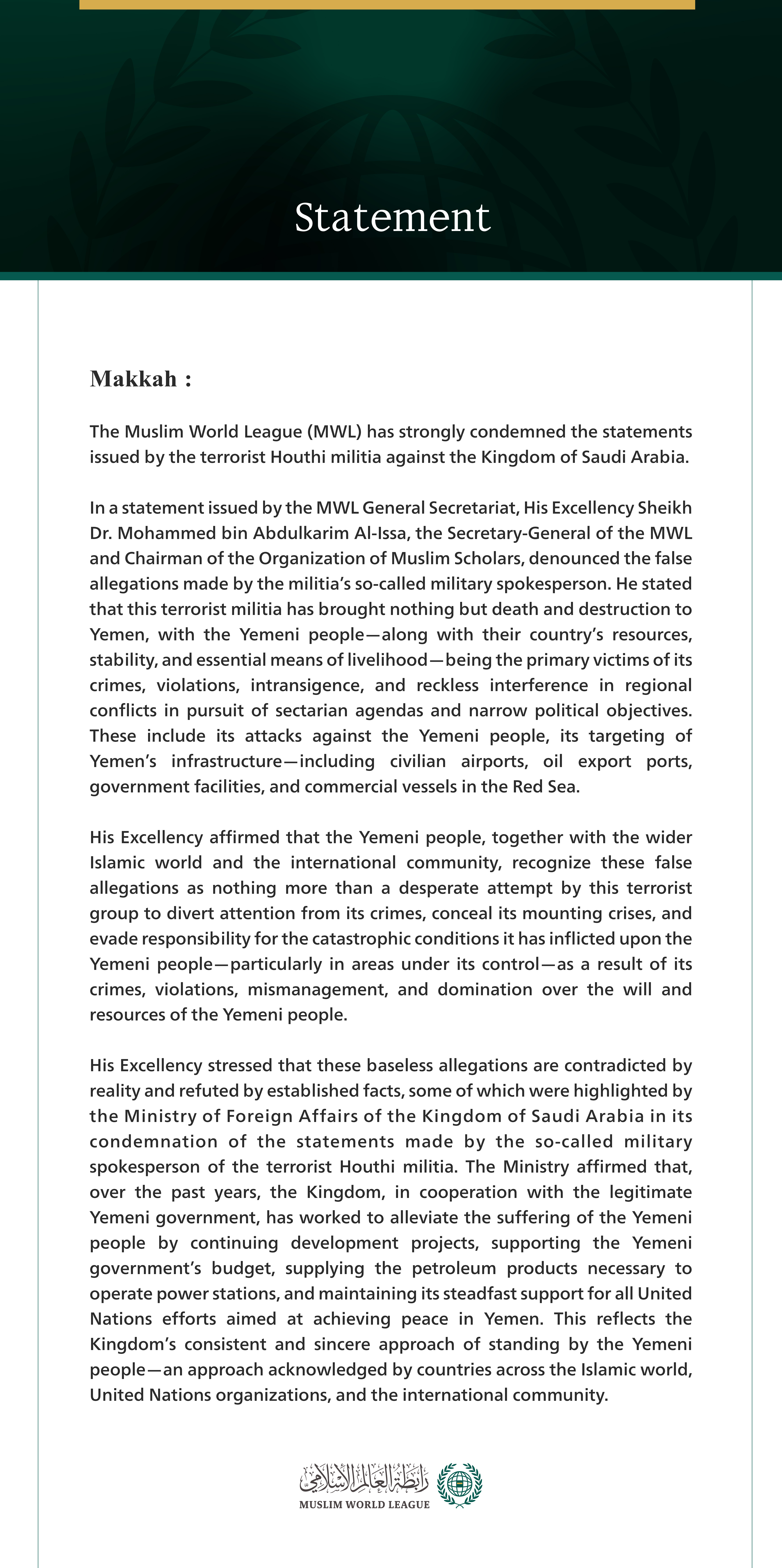 The MWL Condemns Terrorist Houthi Militia’s Statements Against the Kingdom of Saudi Arabia